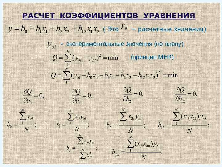 РАСЧЕТ КОЭФФИЦИЕНТОВ УРАВНЕНИЯ ( Это – расчетные значения) - экспериментальные значения (по плану) (принцип