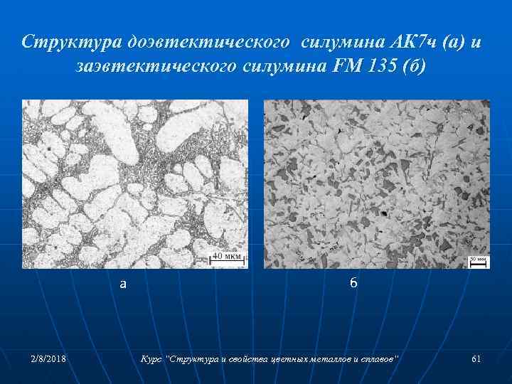 Структура доэвтектического силумина АК 7 ч (а) и заэвтектического силумина FM 135 (б) а