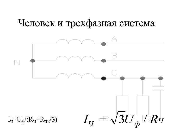 Человек и трехфазная система IЧ=Uф/(RЧ+RИЗ/3) 