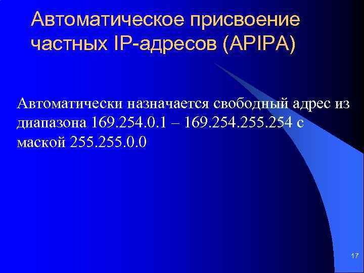 Автоматическое присвоение частных IP-адресов (APIPA) Автоматически назначается свободный адрес из диапазона 169. 254. 0.