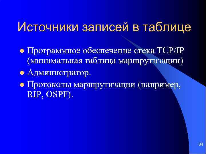 Источники записей в таблице Программное обеспечение стека TCP/IP (минимальная таблица маршрутизации) l Администратор. l