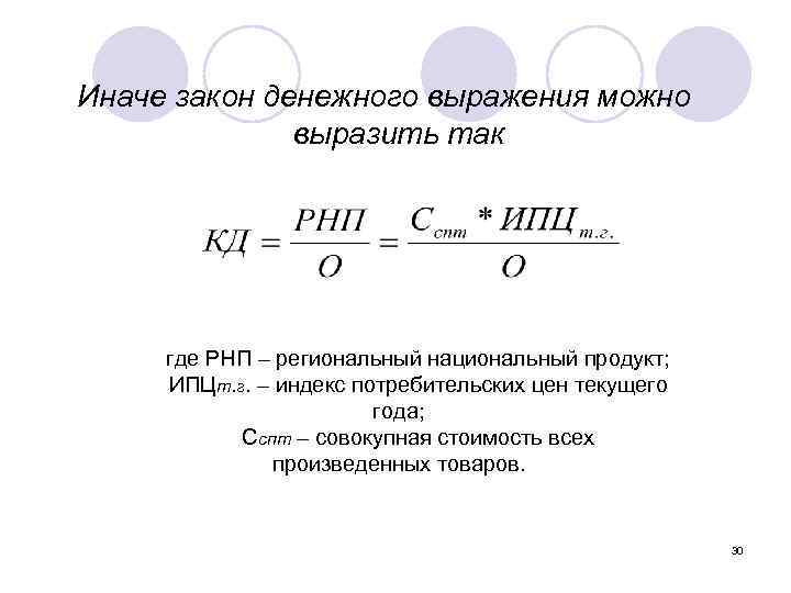 Иначе закон денежного выражения можно выразить так где РНП – региональный национальный продукт; ИПЦт.