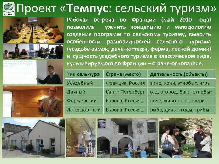 Проект «Темпус: сельский туризм» Рабочая встреча во Франции (май 2010 года) позволила уяснить концепцию