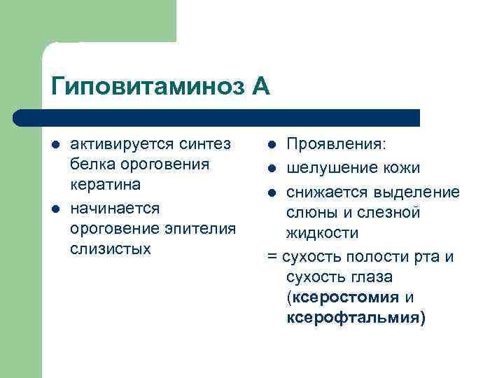 Гиповитаминоз А l l активируется синтез белка ороговения кератина начинается ороговение эпителия слизистых Проявления: