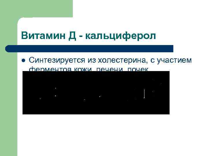 Витамин Д - кальциферол l Синтезируется из холестерина, с участием ферментов кожи, печени, почек