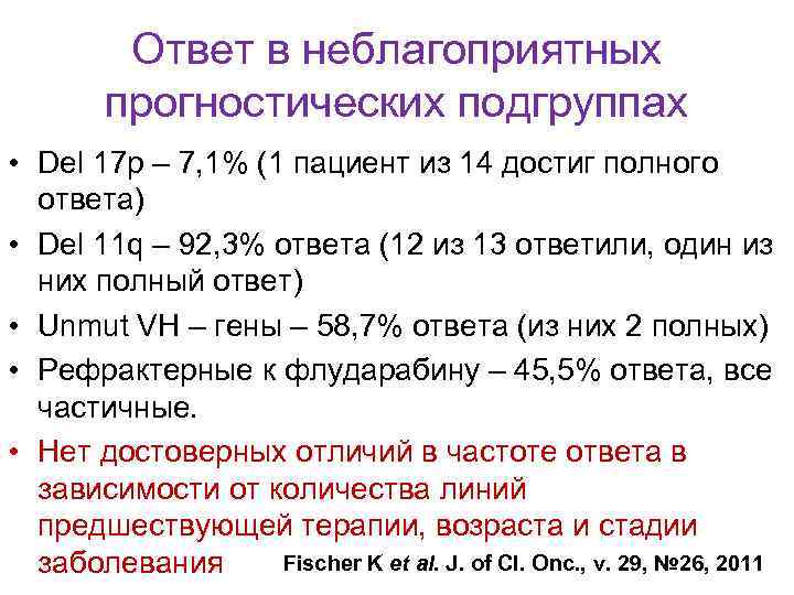 Ответ в неблагоприятных прогностических подгруппах • Del 17 р – 7, 1% (1 пациент