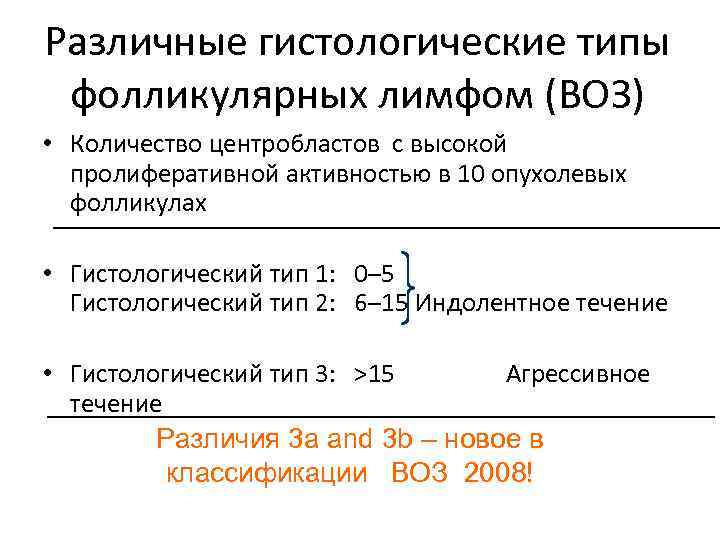 Различные гистологические типы фолликулярных лимфом (ВОЗ) • Количество центробластов с высокой пролиферативной активностью в