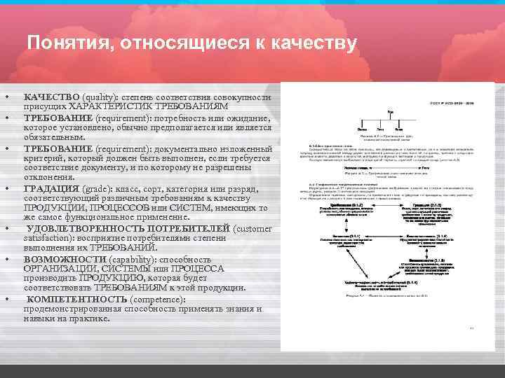 Понятия, относящиеся к качеству • • КАЧЕСТВО (quality): степень соответствия совокупности присущих ХАРАКТЕРИСТИК ТРЕБОВАНИЯМ