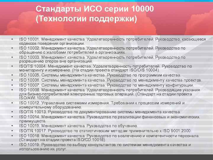 Стандарты ИСО серии 10000 (Технологии поддержки) • • • • ISO 10001. Менеджмент качества.