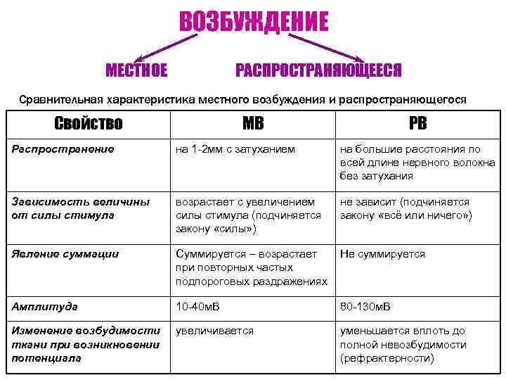 ВОЗБУЖДЕНИЕ МЕСТНОЕ РАСПРОСТРАНЯЮЩЕЕСЯ Сравнительная характеристика местного возбуждения и распространяющегося Свойство МВ РВ Распространение на