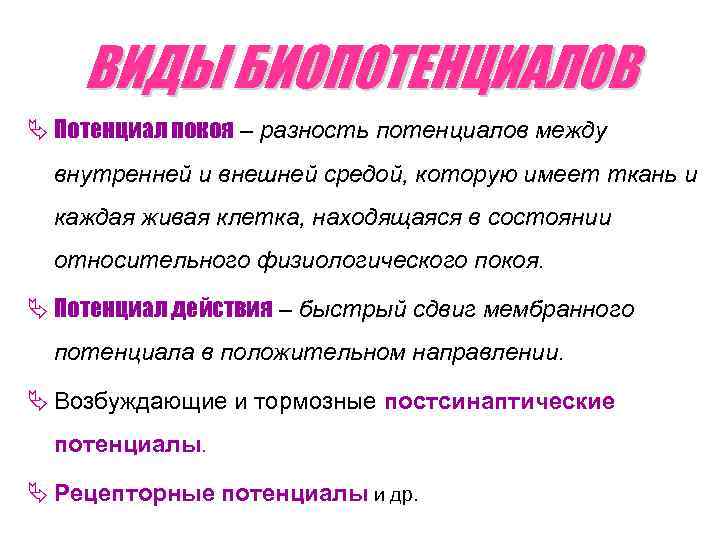 ВИДЫ БИОПОТЕНЦИАЛОВ Ä Потенциал покоя – разность потенциалов между внутренней и внешней средой, которую