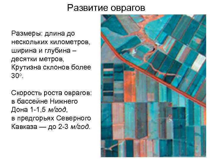 Развитие оврагов Размеры: длина до нескольких километров, ширина и глубина – десятки метров, Крутизна