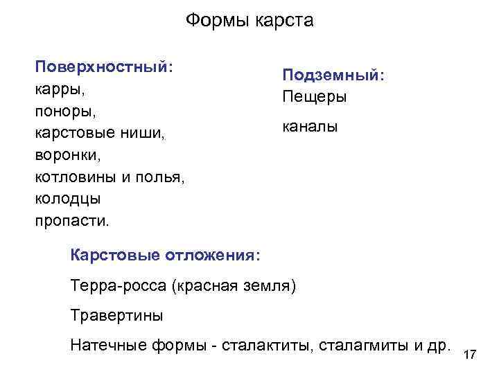 Формы карста Поверхностный: карры, поноры, карстовые ниши, воронки, котловины и полья, колодцы пропасти. Подземный: