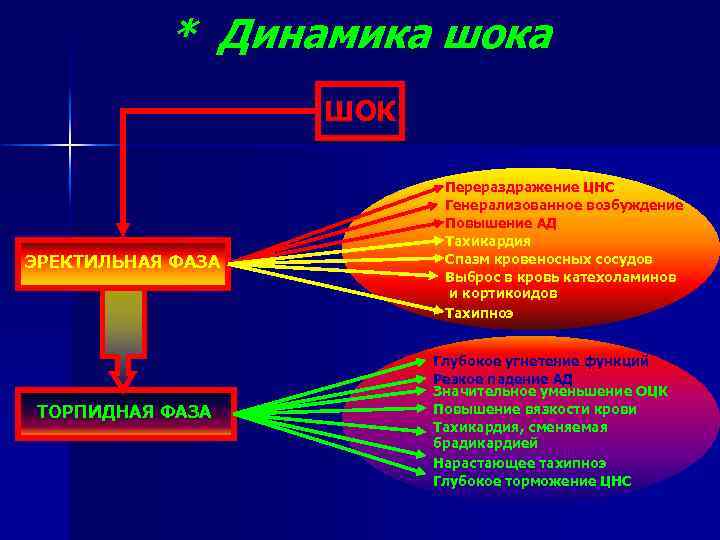 * Динамика шока ШОК ЭРЕКТИЛЬНАЯ ФАЗА ТОРПИДНАЯ ФАЗА Перераздражение ЦНС Генерализованное возбуждение Повышение АД