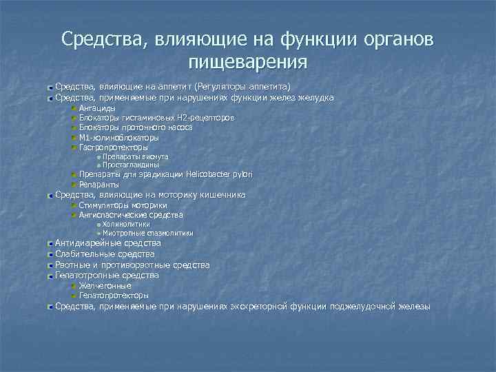 Средства, влияющие на функции органов пищеварения Средства, влияющие на аппетит (Регуляторы аппетита) Средства, применяемые