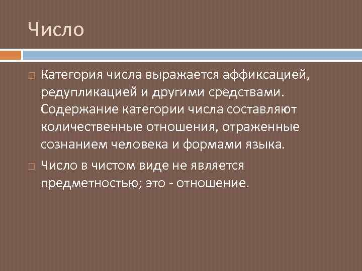 Число Категория числа выражается аффиксацией, редупликацией и другими средствами. Содержание категории числа составляют количественные