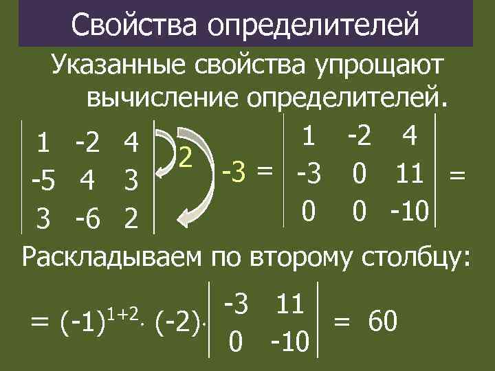 Свойства определителей Указанные свойства упрощают вычисление определителей. 1 -2 4 2 -3 = -3