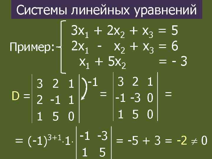 Системы линейных уравнений Пример: D= 3 х1 + 2 х2 + х3 = 5