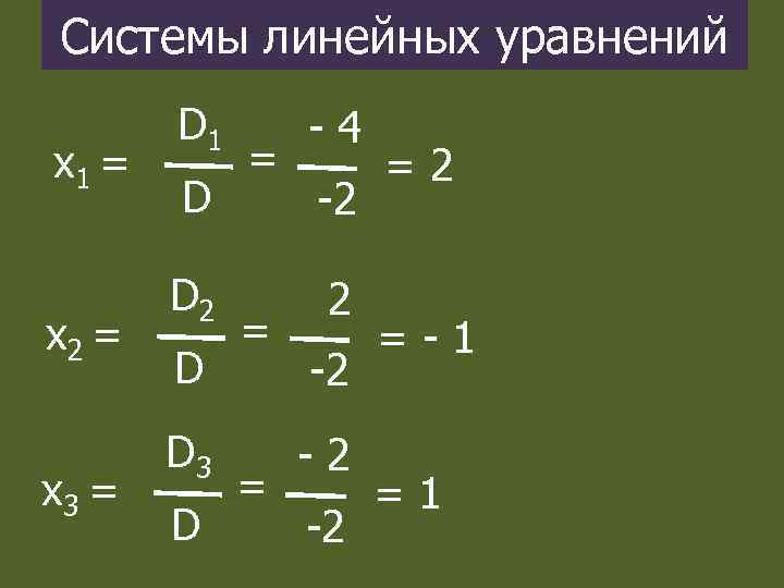 Системы линейных уравнений х1 = х2 = х3 = D 1 D D 2