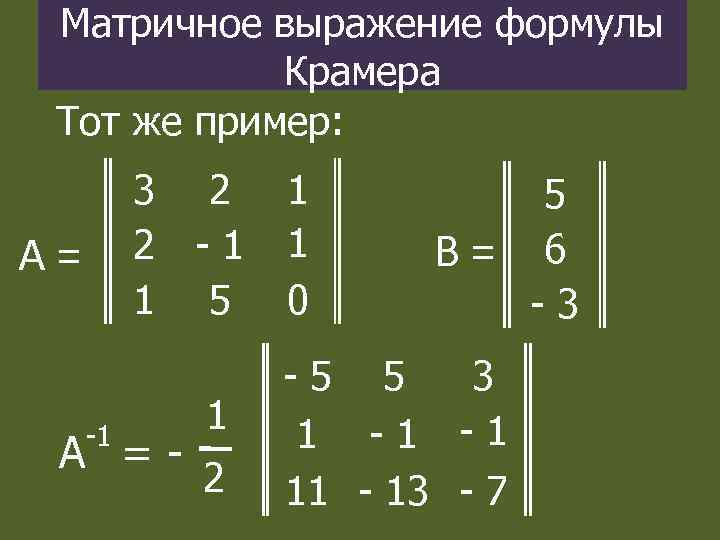 Матричное выражение формулы Крамера Тот же пример: 3 2 1 А= -1 А =-