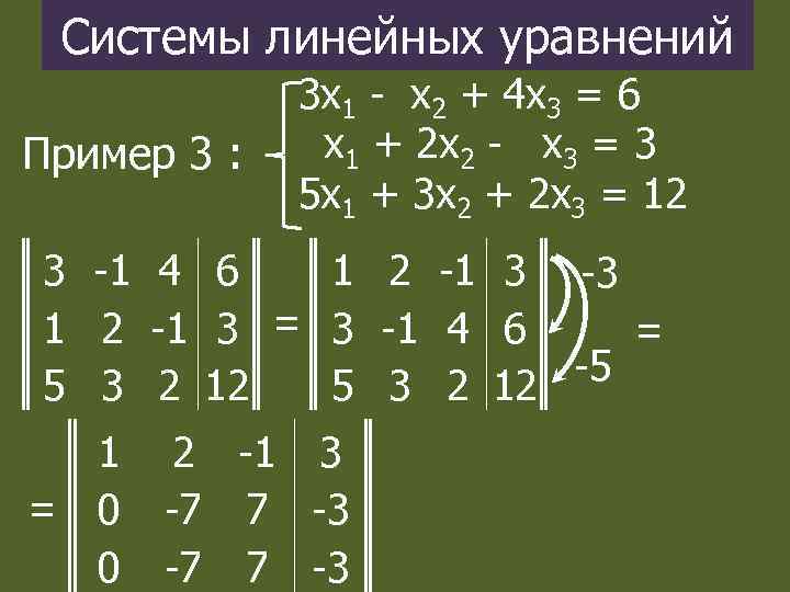 Системы линейных уравнений Пример 3 : 3 х1 - х2 + 4 х3 =