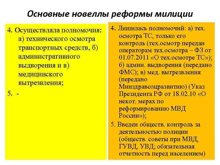 Основные новеллы реформы милиции 4. Осуществляла полномочия: а) технического осмотра транспортных средств, б) административного