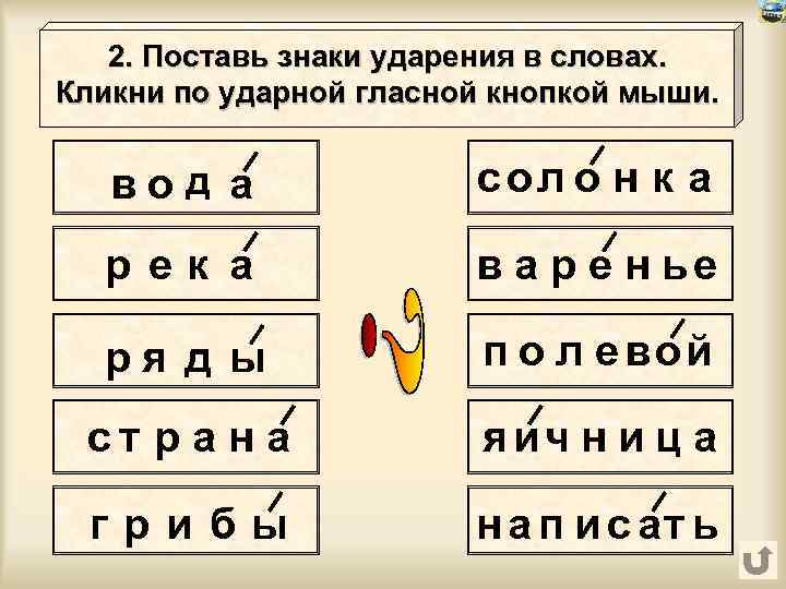 2. Поставь знаки ударения в словах. Кликни по ударной гласной кнопкой мыши. вод а