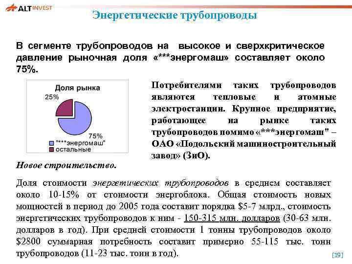 Энергетические трубопроводы В сегменте трубопроводов на высокое и сверхкритическое давление рыночная доля «***энергомаш» составляет