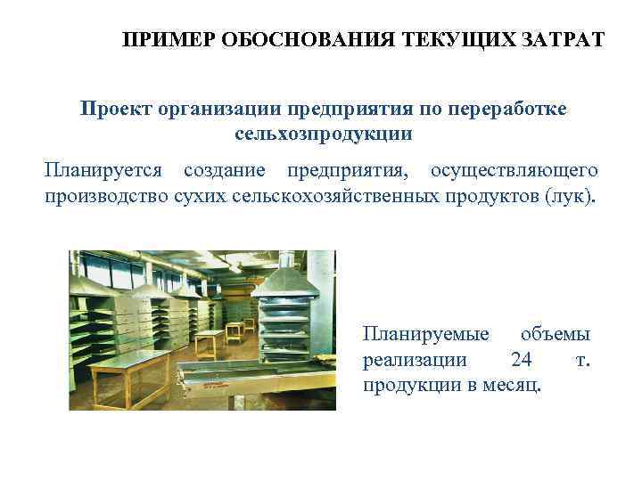 ПРИМЕР ОБОСНОВАНИЯ ТЕКУЩИХ ЗАТРАТ Проект организации предприятия по переработке сельхозпродукции Планируется создание предприятия, осуществляющего