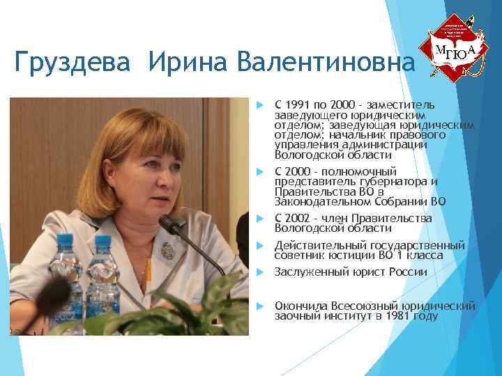 Груздева Ирина Валентиновна С 1991 по 2000 – заместитель заведующего юридическим отделом; заведующая юридическим