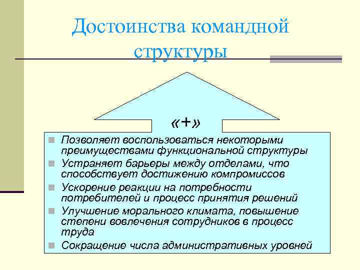 Достоинства командной структуры «+» n Позволяет воспользоваться некоторыми n n преимуществами функциональной структуры Устраняет