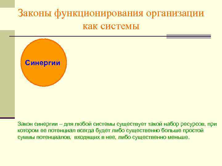 Законы функционирования организации как системы Синергии Закон синергии – для любой системы существует такой