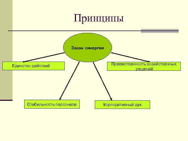 Принципы Закон синергии Единство действий Стабильность персонала Преемственность хозяйственных решений Корпоративный дух 
