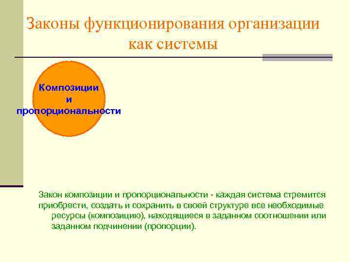 Законы функционирования организации как системы Композиции и пропорциональности Закон композиции и пропорциональности - каждая