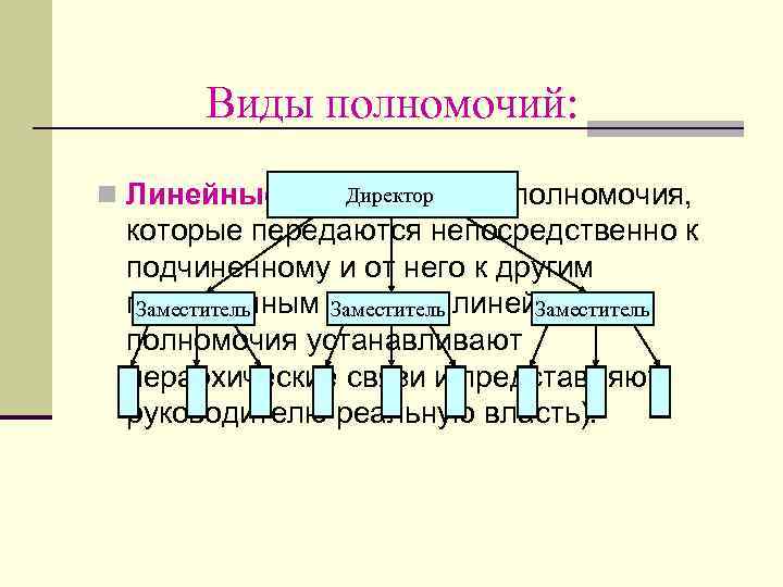 Виды полномочий: Директор n Линейные полномочия – полномочия, которые передаются непосредственно к подчиненному и