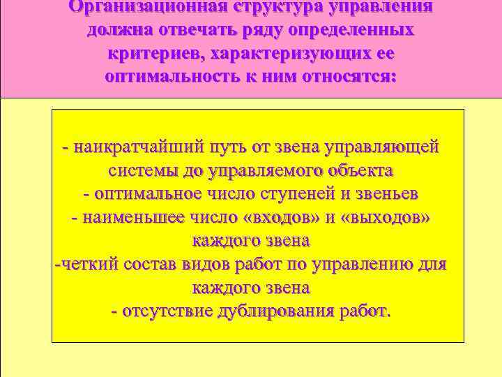 Организационная структура управления должна отвечать ряду определенных критериев, характеризующих ее оптимальность к ним относятся: