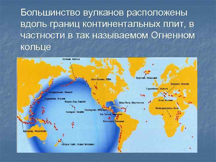 Большинство вулканов расположены вдоль границ континентальных плит, в частности в так называемом Огненном кольце