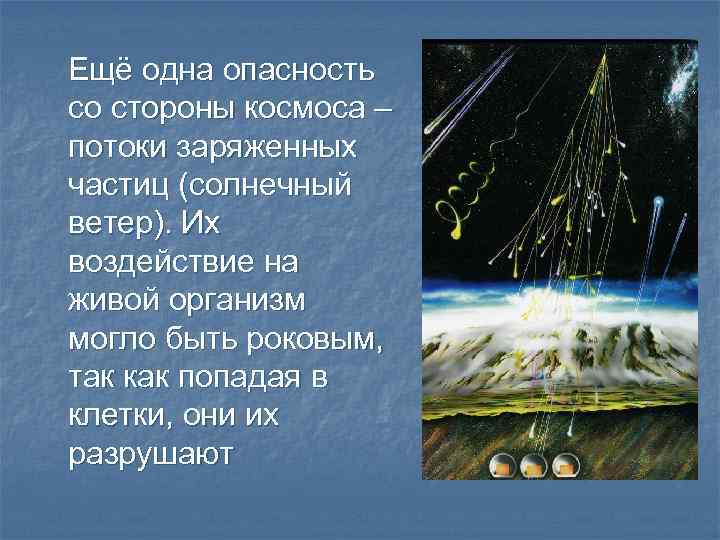 Ещё одна опасность со стороны космоса – потоки заряженных частиц (солнечный ветер). Их воздействие