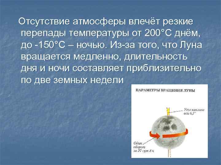 Отсутствие атмосферы влечёт резкие перепады температуры от 200°С днём, до -150°С – ночью. Из-за