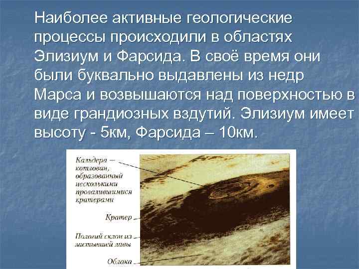 Наиболее активные геологические процессы происходили в областях Элизиум и Фарсида. В своё время они
