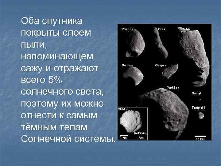 Оба спутника покрыты слоем пыли, напоминающем сажу и отражают всего 5% солнечного света, поэтому