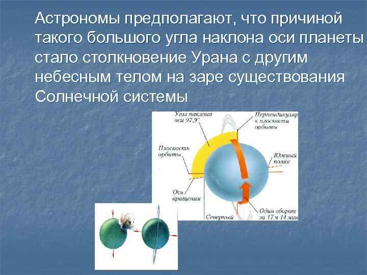 Астрономы предполагают, что причиной такого большого угла наклона оси планеты стало столкновение Урана с