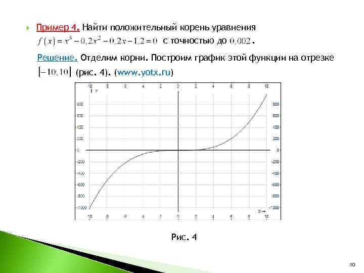  Пример 4. Найти положительный корень уравнения с точностью до. Решение. Отделим корни. Построим