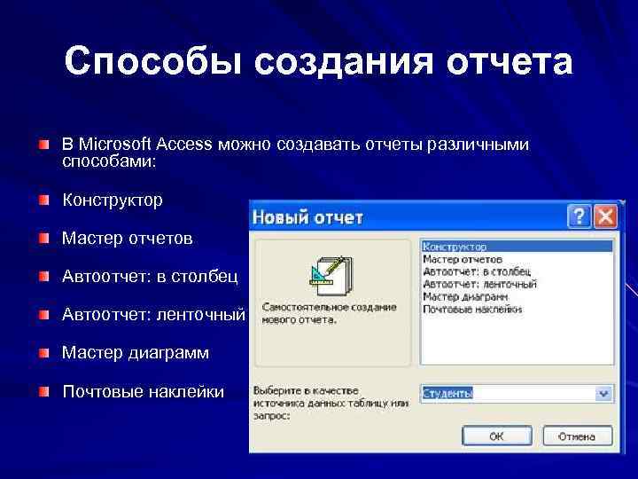 Способы создания отчета В Microsoft Access можно создавать отчеты различными способами: Конструктор Мастер отчетов