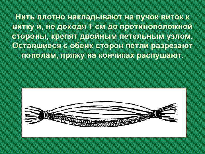 Нить плотно накладывают на пучок виток к витку и, не доходя 1 см до