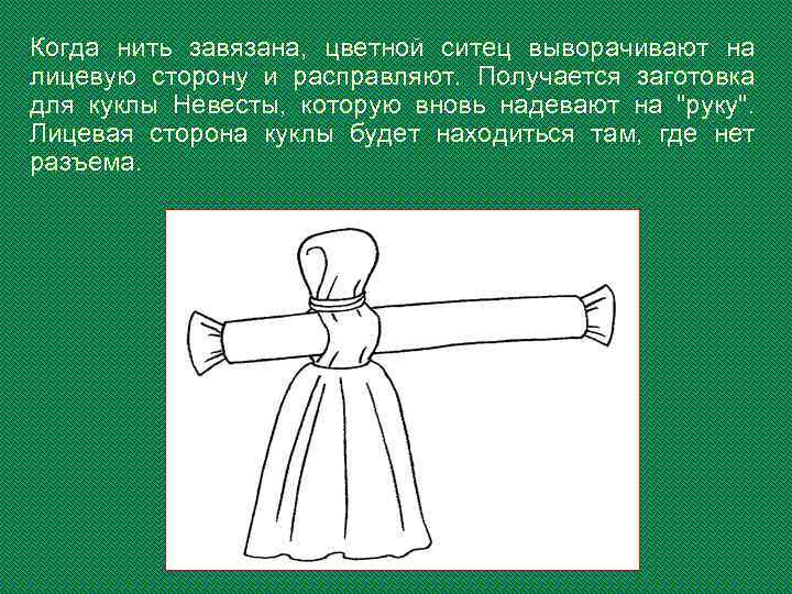 Когда нить завязана, цветной ситец выворачивают на лицевую сторону и расправляют. Получается заготовка для