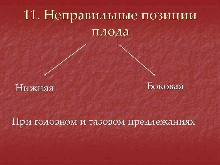 11. Неправильные позиции плода Нижняя Боковая При головном и тазовом предлежаниях 