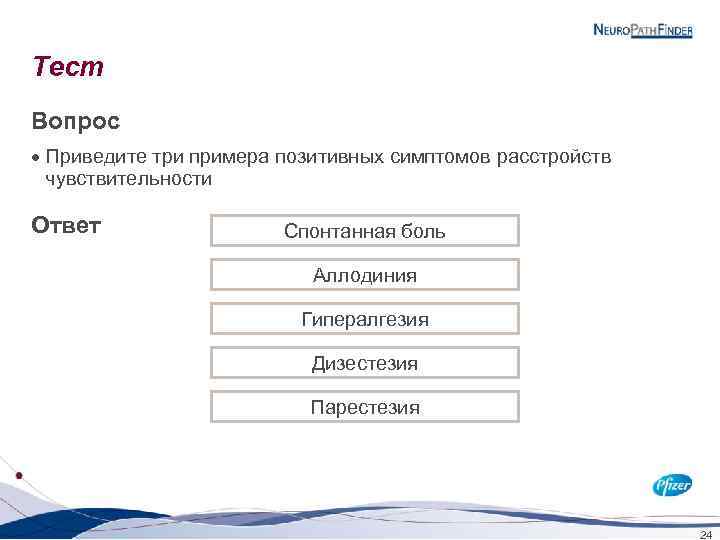 Тест Вопрос · Приведите три примера позитивных симптомов расстройств чувствительности Ответ Спонтанная боль Аллодиния