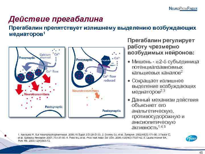 Действие прегабалина Прегабалин препятствует излишнему выделению возбуждающих медиаторов 1 Прегабалин регулирует работу чрезмерно возбудимых