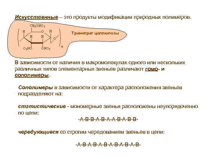 Искусственные – это продукты модификации природных полимеров. Тринитрат целлюлозы В зависимости от наличия в